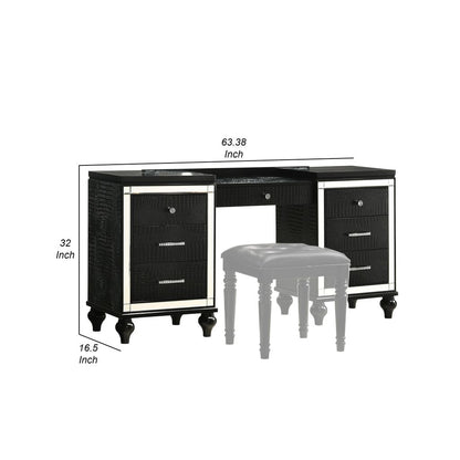 Kya 64 Inch Vanity Dresser Table with 7 Drawers, Mirrored Trim, Glam Black - View 5