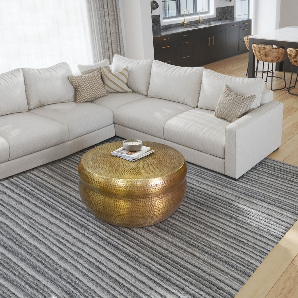 Kvira 32" Artisanal Round Drum Coffee Table, Hammered Embossed Texturing, Aluminum, Antique Brass - View 7