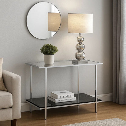 Console Table with Mirror Top and Faux Marble Open Bottom Shelf, Silver - View 7
