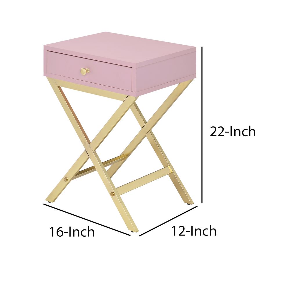 Wood and Metal Side Table with Crossed Base, Pink and Gold - View 5