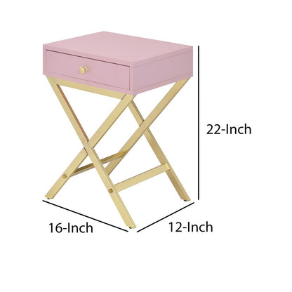 Wood and Metal Side Table with Crossed Base, Pink and Gold - View 5