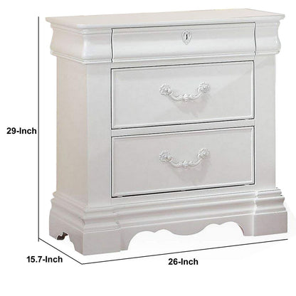 Three Drawer Nightstand With One Hidden Top Drawer And Scalloped Feet, White - View 5