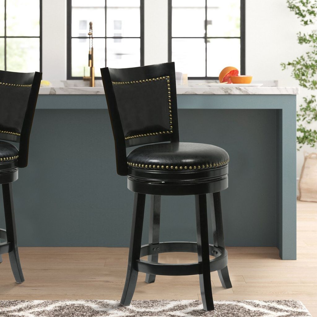 Nailhead Trim Round Leatherette Counter Stool with Flared Legs, Black - View 6