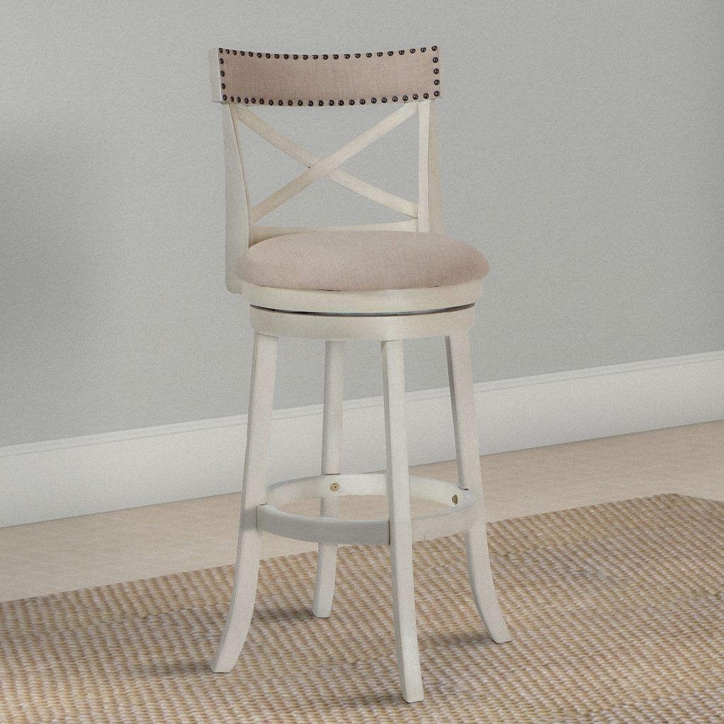 Curved X Shaped Back Swivel Barstool with Fabric Padded Seating, Antique White - View 6