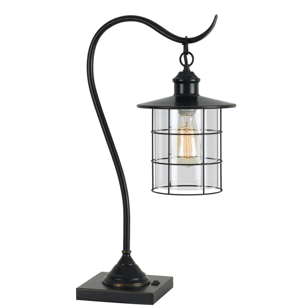 25 Inch Metal Downbridge Design Desk Lamp with Caged Shade, Dark Bronze