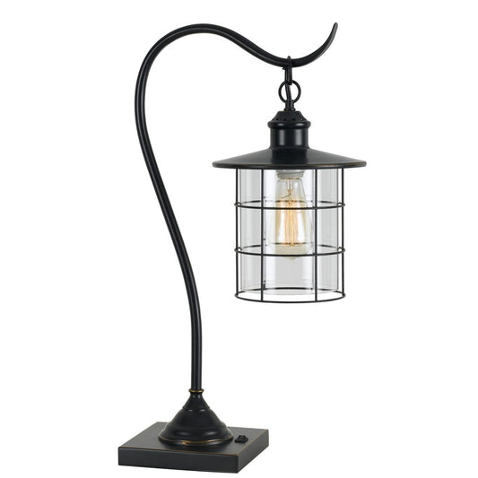 25 Inch Metal Downbridge Design Desk Lamp with Caged Shade, Dark Bronze