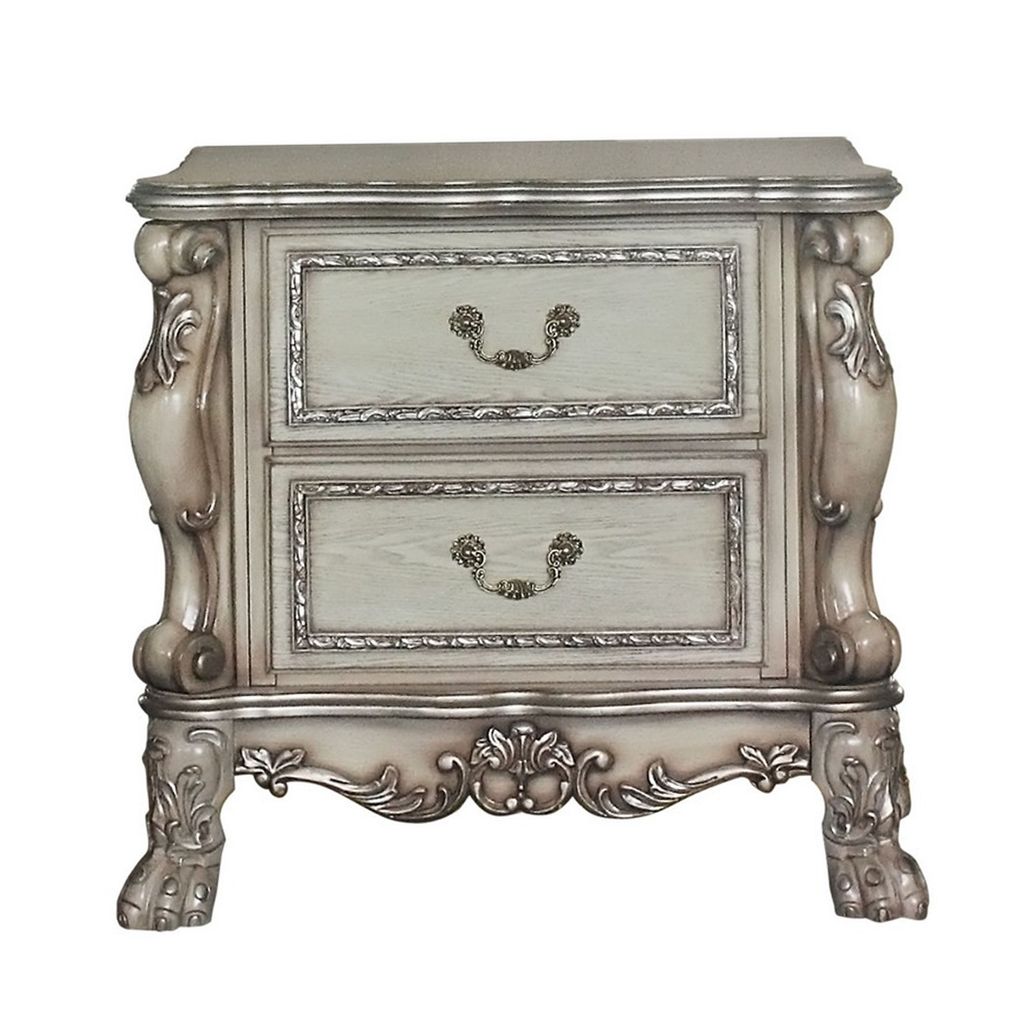 Traditional Wooden Nightstand with 2 Drawers and Carved Details, Silver - View 2