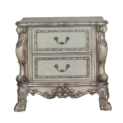 Traditional Wooden Nightstand with 2 Drawers and Carved Details, Silver - View 2