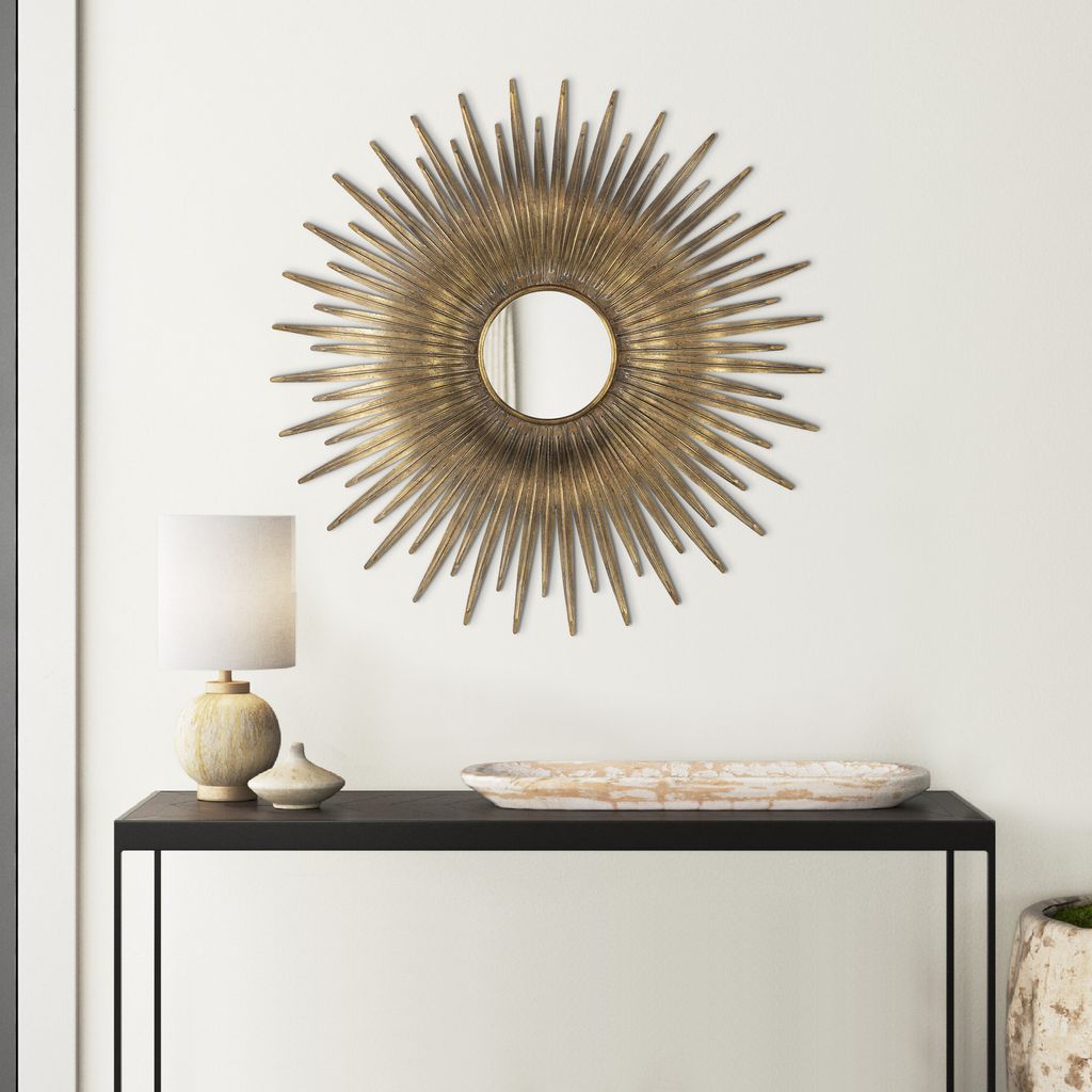 28 Inch Wall Mount Accent Mirror with Round Sunburst Iron Frame,  Gold - View 6