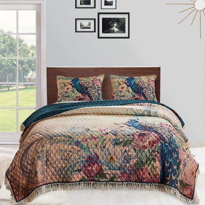 Ufa 36 Inch Quilted King Pillow Sham, Peacock Print, Vermicelli Stitching - View 6