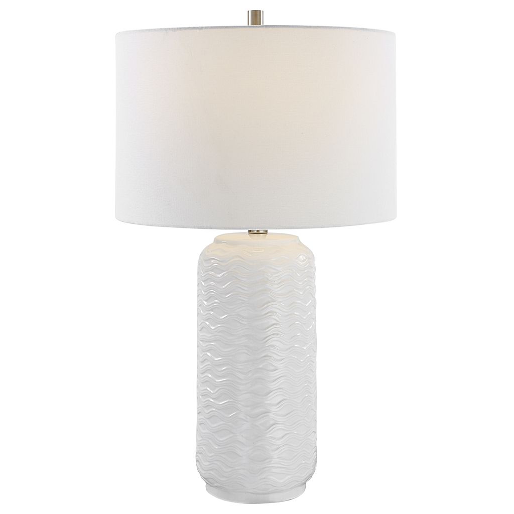 27 Inch Ceramic Table Lamp, Wavy Texture, Silver, White - View 2