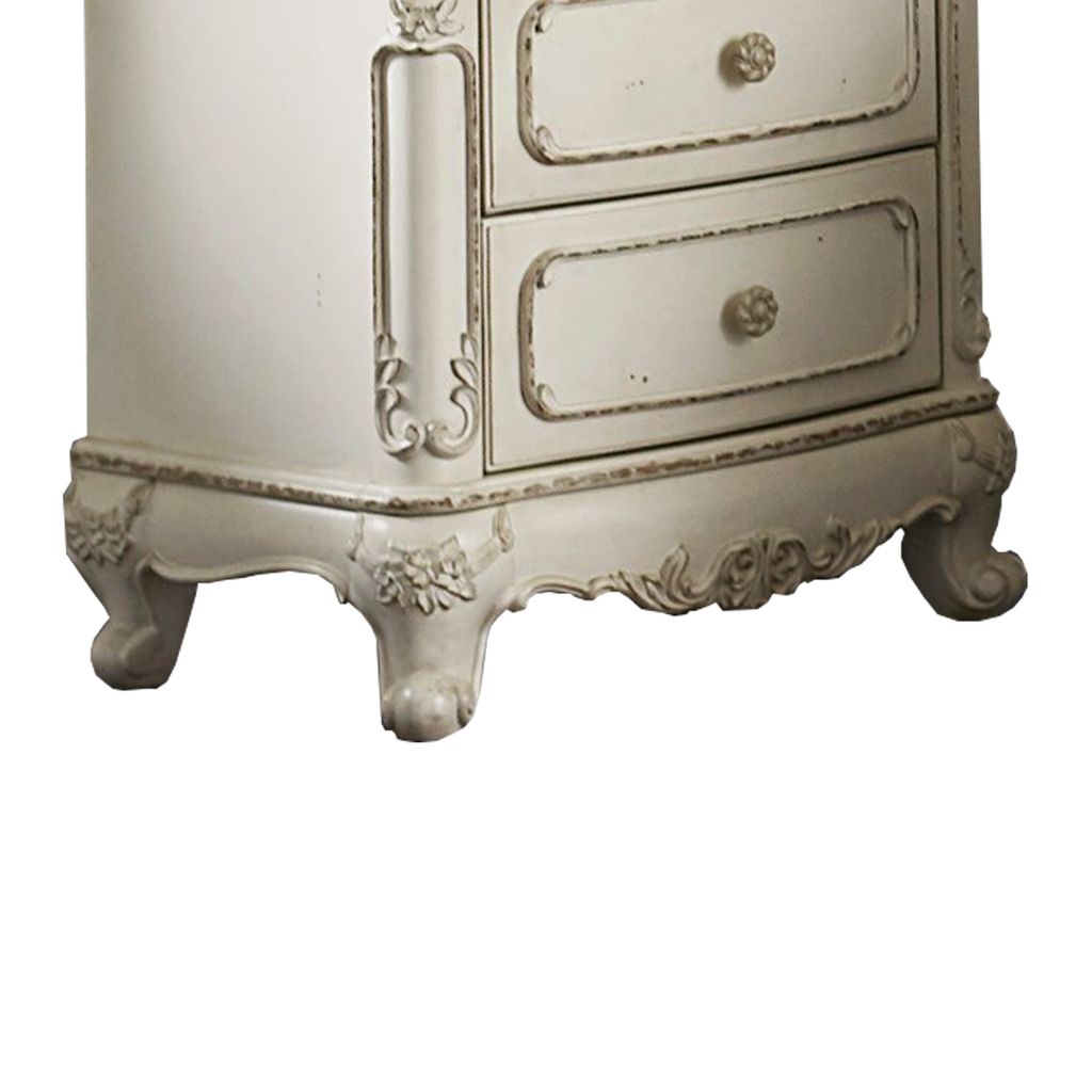 3 Drawer Nightstand with Floral Motif Carving Details, Antique White and Brown - View 4