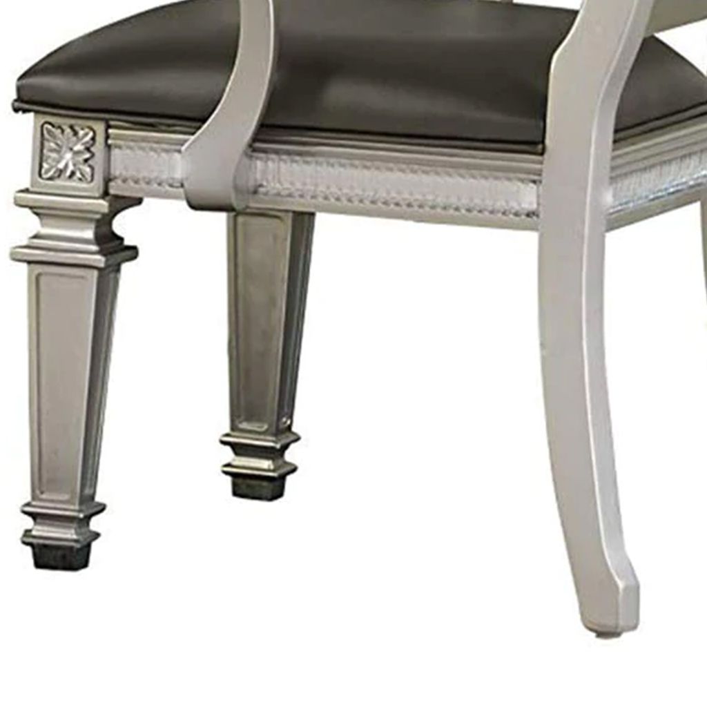 27 Inch Wood Dining Armchair, Faux Leather,Acrylic Crystals,Set of 2,Silver - View 5