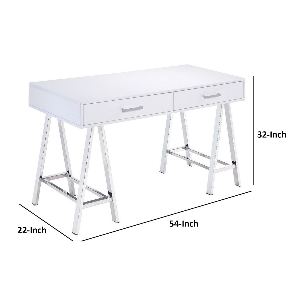 Writing Desk with MDF 2 Drawers and Metal Legs, White and Chrome - View 6