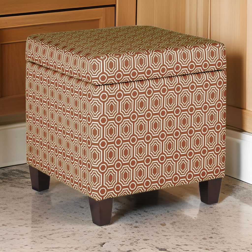 Geometric Patterned Square Wooden Ottoman with Lift Off Lid Storage, Orange and Cream - View 7