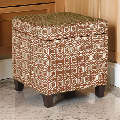 Geometric Patterned Square Wooden Ottoman with Lift Off Lid Storage, Orange and Cream - View 7