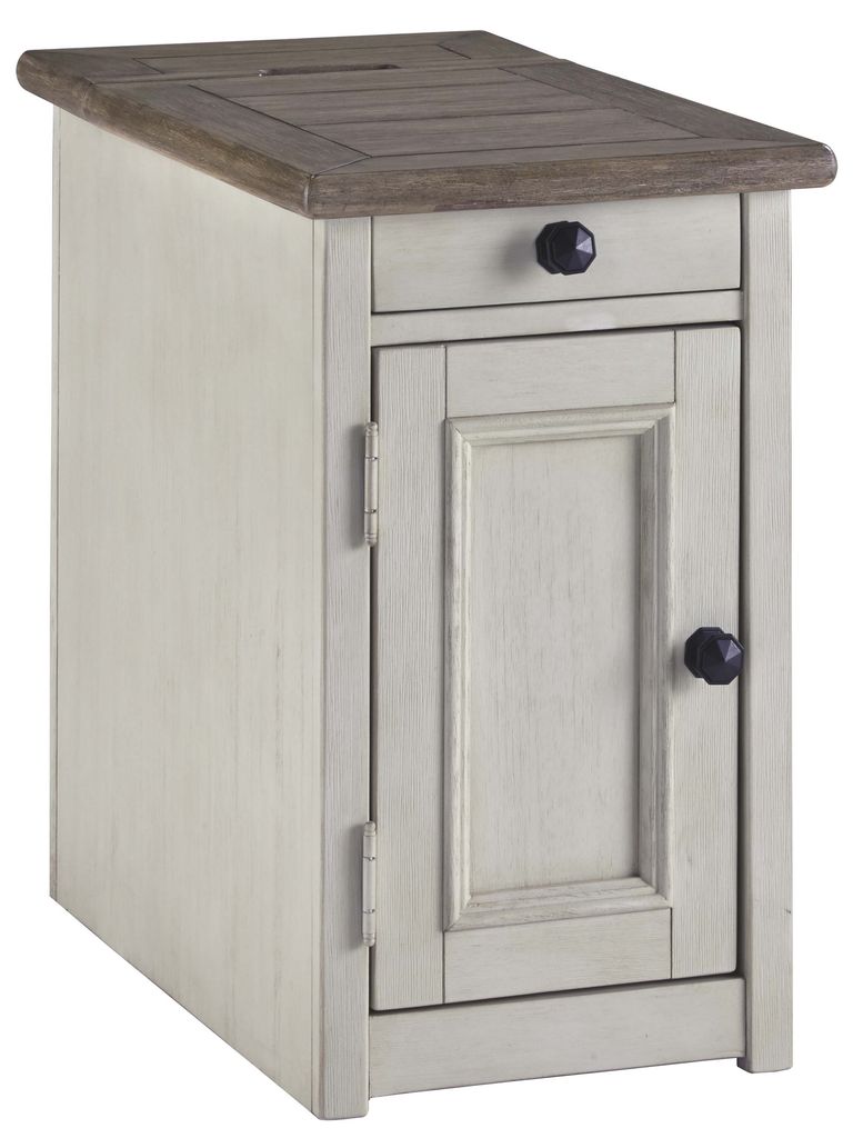 Chair Side End Table with 1 Cabinet and Pull Out Tray, White and Brown