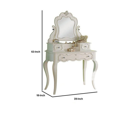 63 Inch Wood Classic Vanity Desk with Mirror, 3 Drawers, Carved, White - View 5