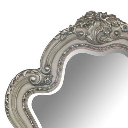 Arch Shape Wooden Frame Wall Mirror with Carved Details, Antique Silver - View 3