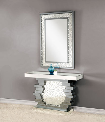 Wood and Mirror Console Table with Studded Faux Crystals, Black and Clear - View 7