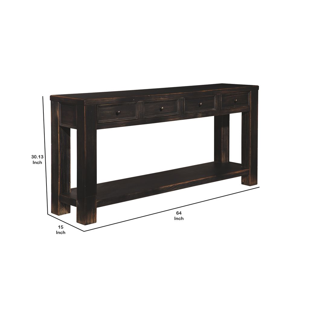 Wooden Sofa Table with Four Drawers and One Shelf, Weathered Black - View 5