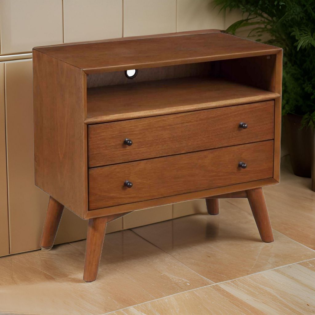 2 Drawer Wooden Nightstand with Open Compartment and Splayed Legs, Brown - View 7