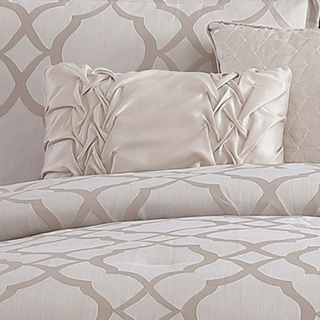 9pc Queen Size Comforter Set with Quatrefoil Prints, White Polyester - View 2