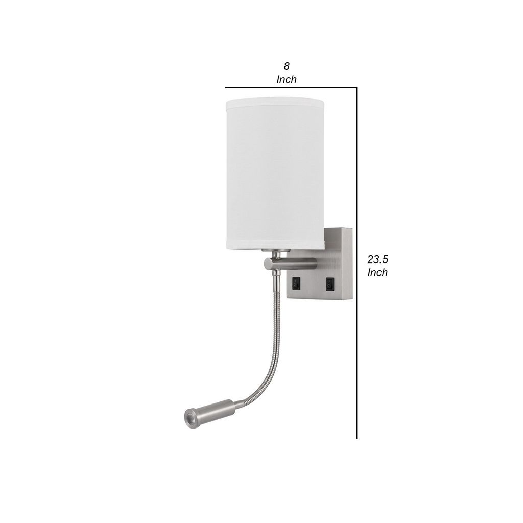 Liam 25 Inch Modern Wall Lamp, Hardback Fabric Shade, 1 LED, Metal, Silver - View 6