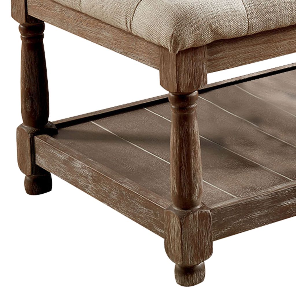 Button Tufted Fabric Upholstered Bench with Bottom Shelf, Beige and Brown - View 5