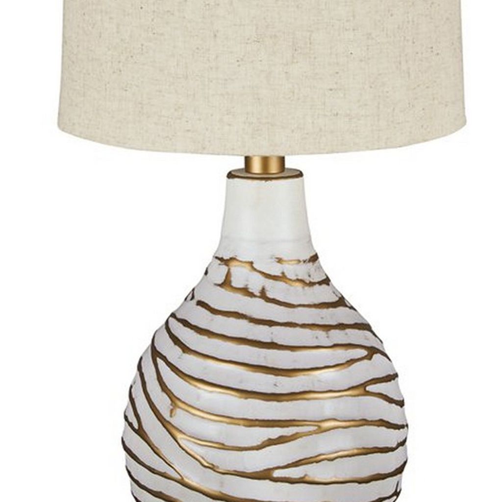 Pot Bellied Metal Table Lamp with Textured Golden Embellishment, White - View 3