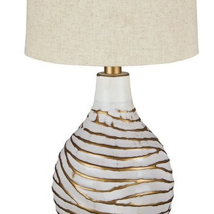 Pot Bellied Metal Table Lamp with Textured Golden Embellishment, White - View 3