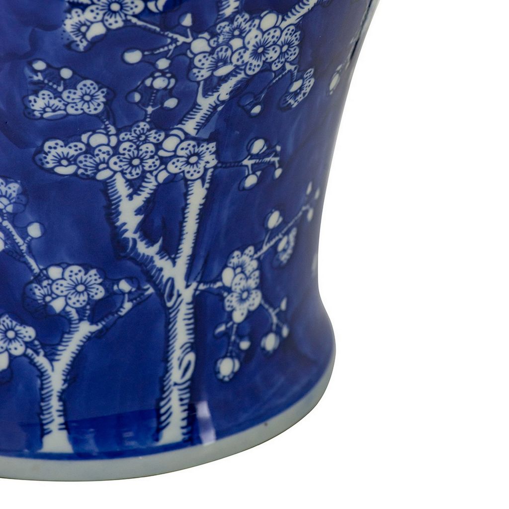 18 Inch Porcelain Ginger Jar, Finial Lid and Round Curved, Blue Flowers - View 3