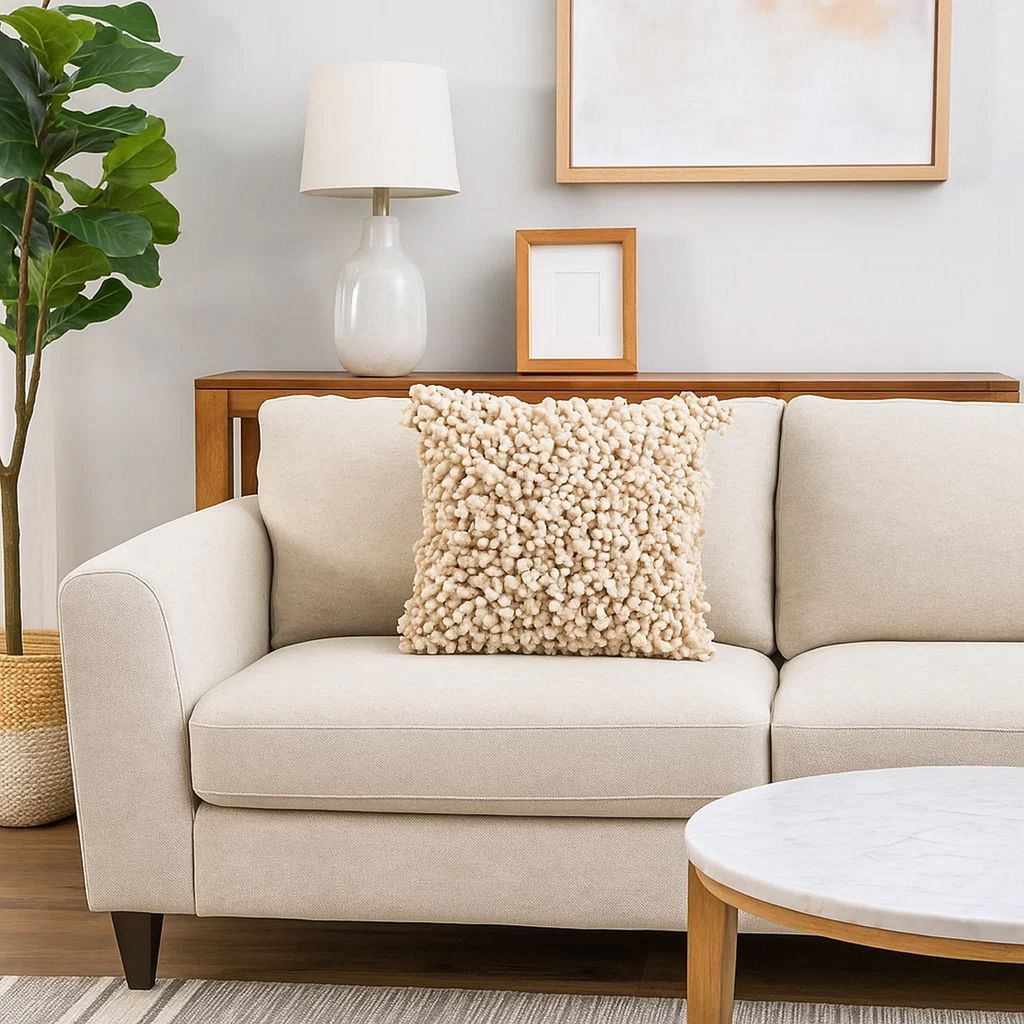 Fabric Accent Pillow with Shaggy Details, Cream - View 7