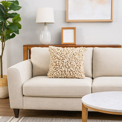 Fabric Accent Pillow with Shaggy Details, Cream - View 7