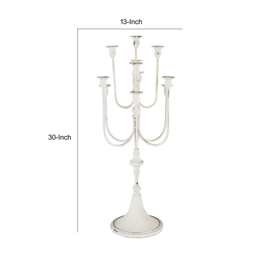 30 Inch Classic 11 Light Candelabra, Curved Arms, White Iron Frame - View 5