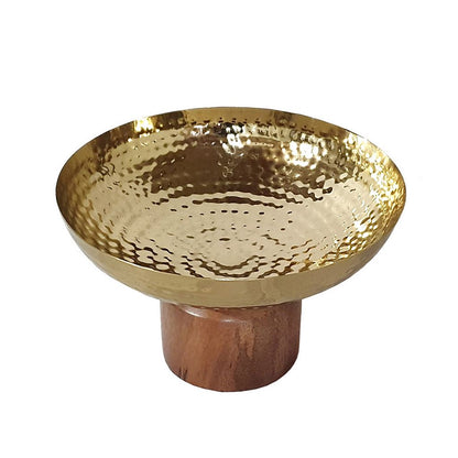 Roe 8 Inch Small Acacia Wood Table Bowl, Steel, Decorative, Gold and Brown - View 3