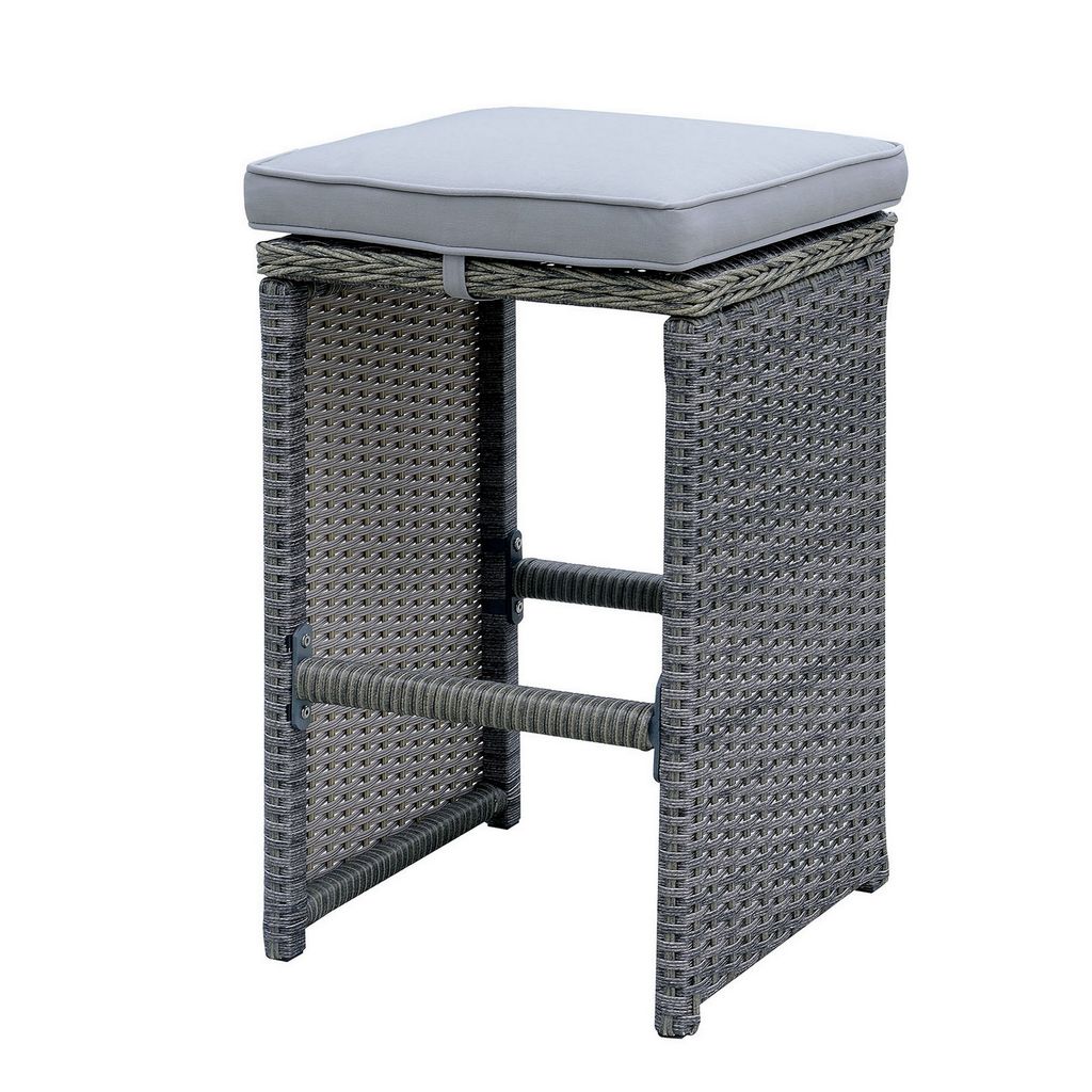 6 Piece Patio Bar Stool In Aluminum Wicker Frame And Padded Fabric Seat, Gray - View 3