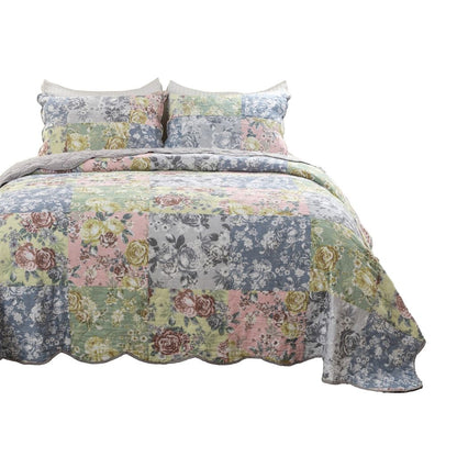 Eni 3 Piece California King Cotton Quilt Set, Pastel Blue Flower Design - View 2