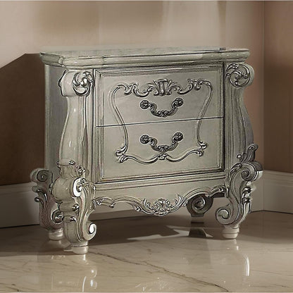 Two Drawers Wooden Nightstand with Carved Details, Bone White - View 7