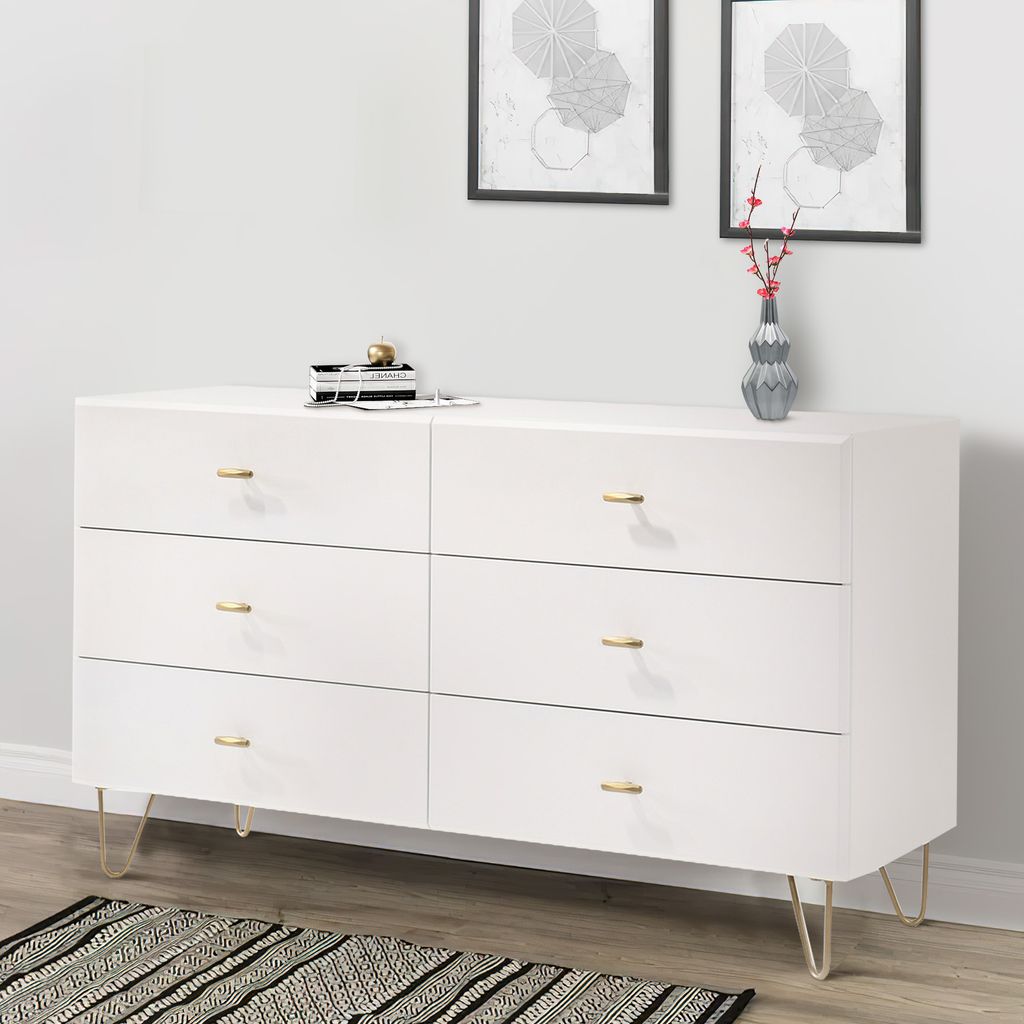 6 Drawer Wooden Dresser with Metal Hairpin Legs, White and Gold - View 7