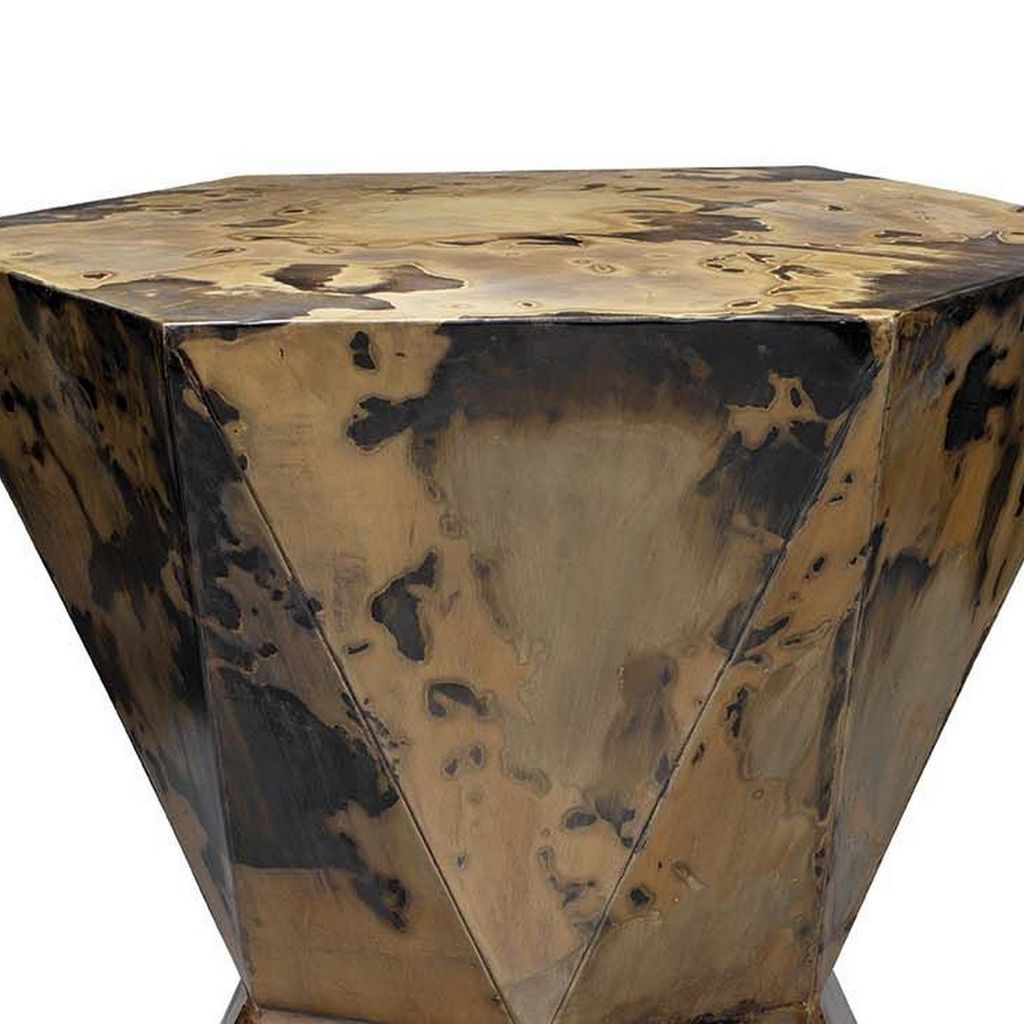 19 Inch Modern Side End Table, Hourglass Shape, Iron Patina Finish, Gold - View 2