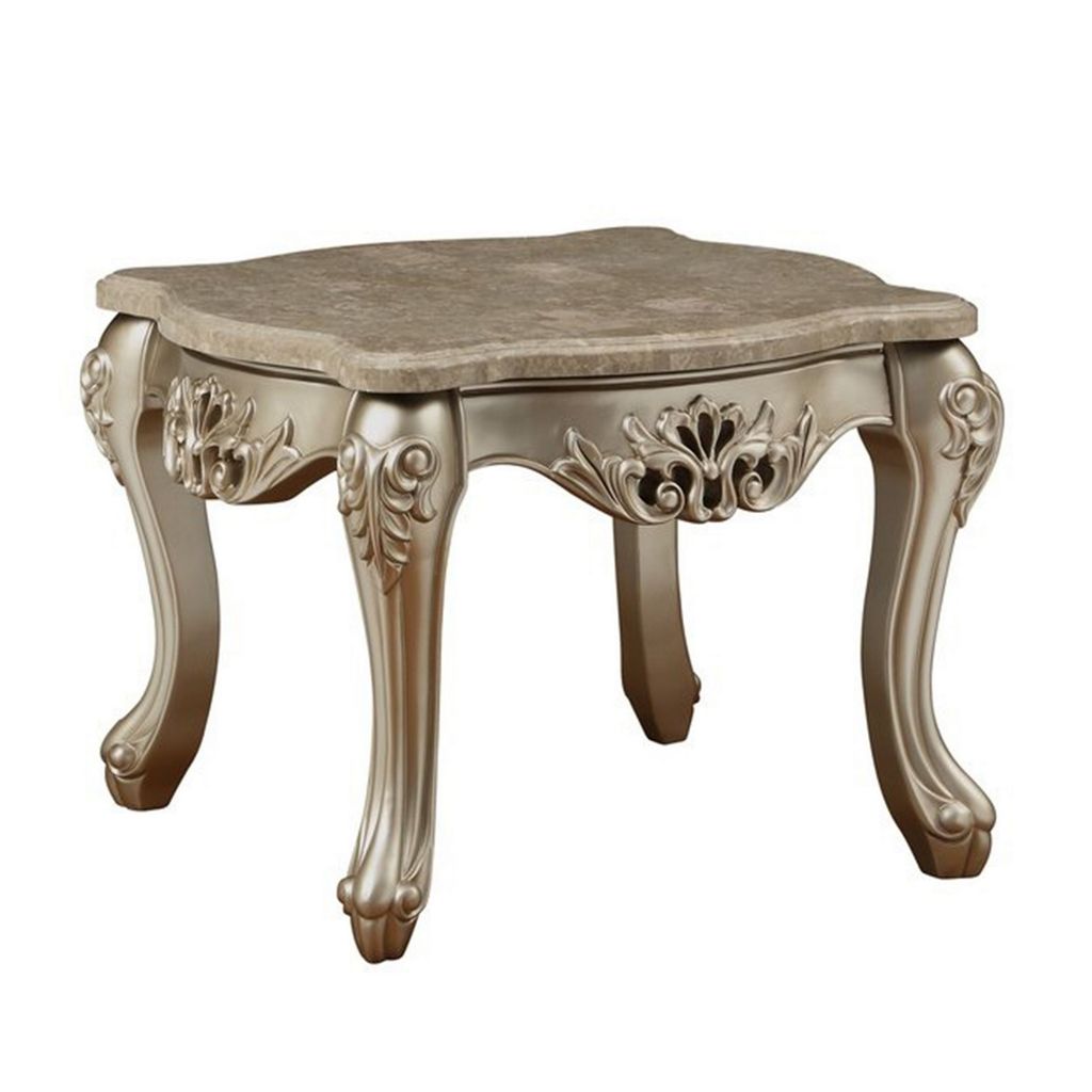 Marble Top Wooden End Table with Queen Anne Style Legs, Champagne Gold