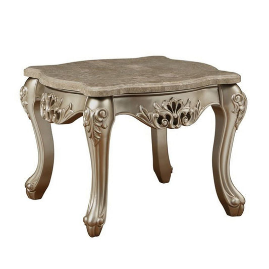 Marble Top Wooden End Table with Queen Anne Style Legs, Champagne Gold
