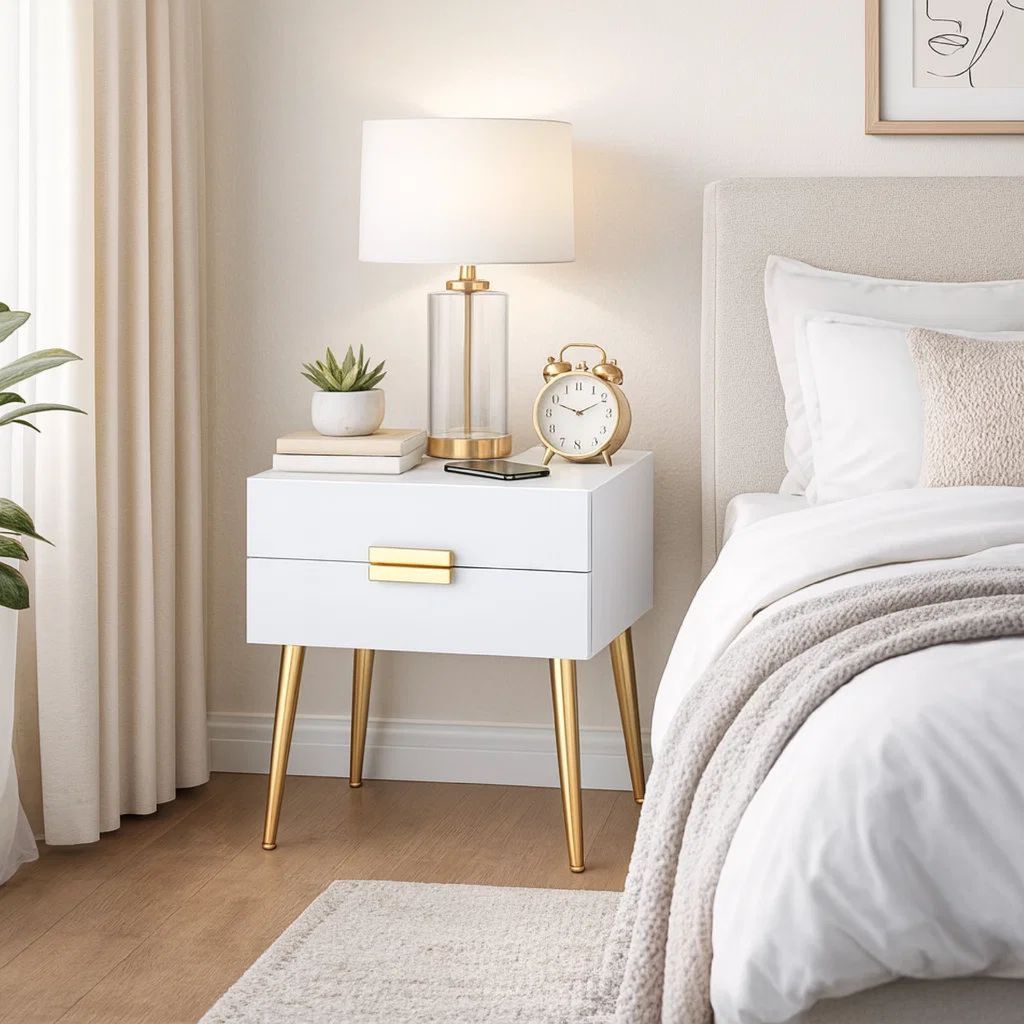 Denvor Square End Table with Drawers, White & Gold - View 7