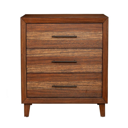 Paul 35 Inch Small Dresser Chest, 3 Drawers, Metal Bar Handles, Warm Brown