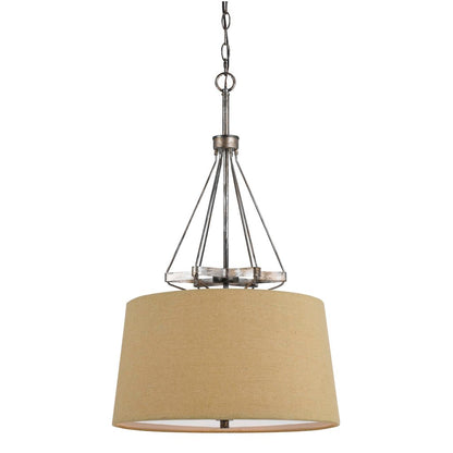 3 Bulb Pendent with Round Burlap Shade and Metal Frame, Beige
