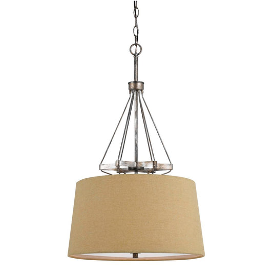 3 Bulb Pendent with Round Burlap Shade and Metal Frame, Beige