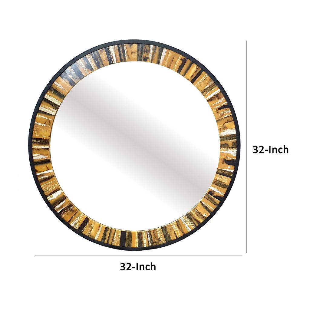 32 Inch Accent Wall Mirror, Round Metal Frame with Agate Inspired Pattern - View 5