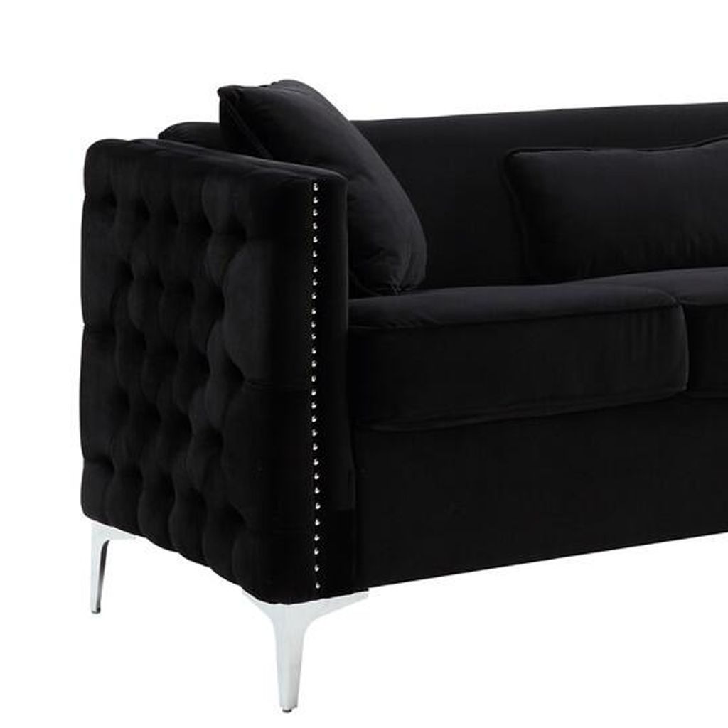 Joel 73 Inch Modern Sofa with 3 Pillows, Tufted Black Velvet, Silver Legs - View 4