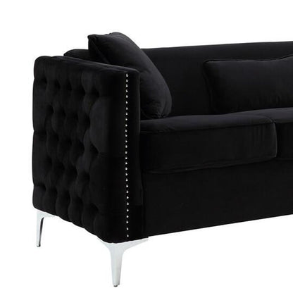 Joel 73 Inch Modern Sofa with 3 Pillows, Tufted Black Velvet, Silver Legs - View 4